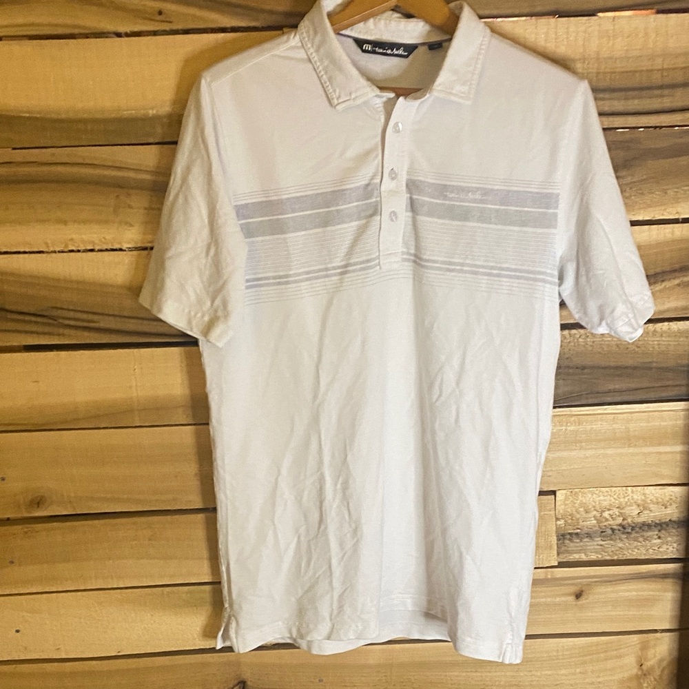 Travis Mathew Men's White Polo Shirt with Subtle Stripes medium